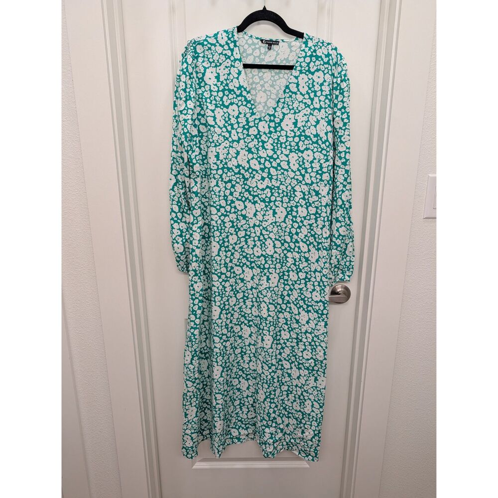 Franne Golde Large Green Floral Maxi Dress Long Sleeve V-Neck Resort Modest